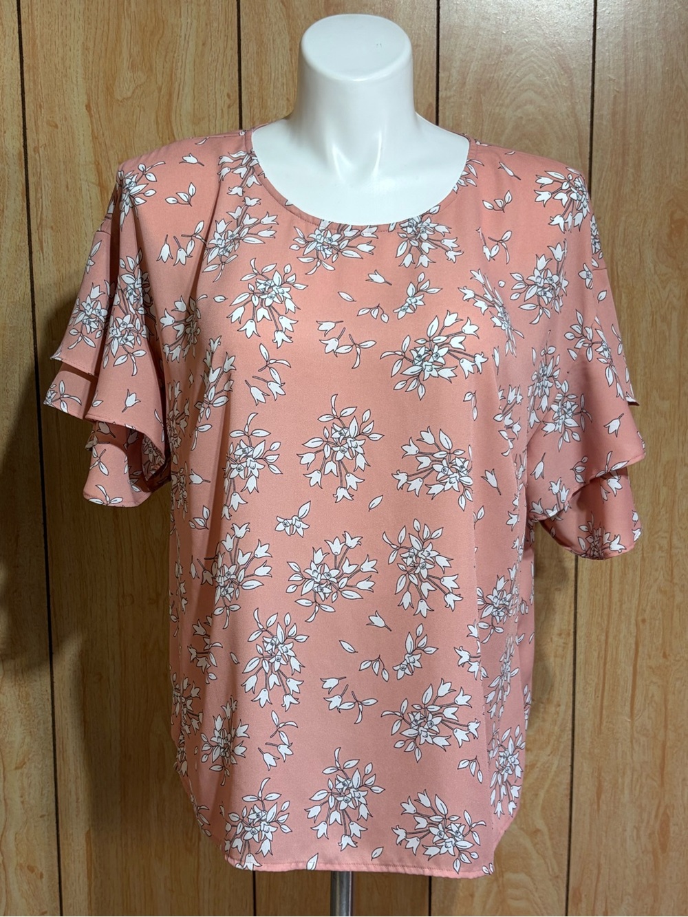 Liz Claiborne Peach Floral Flutter-Sleeve Blouse SZ - 0X